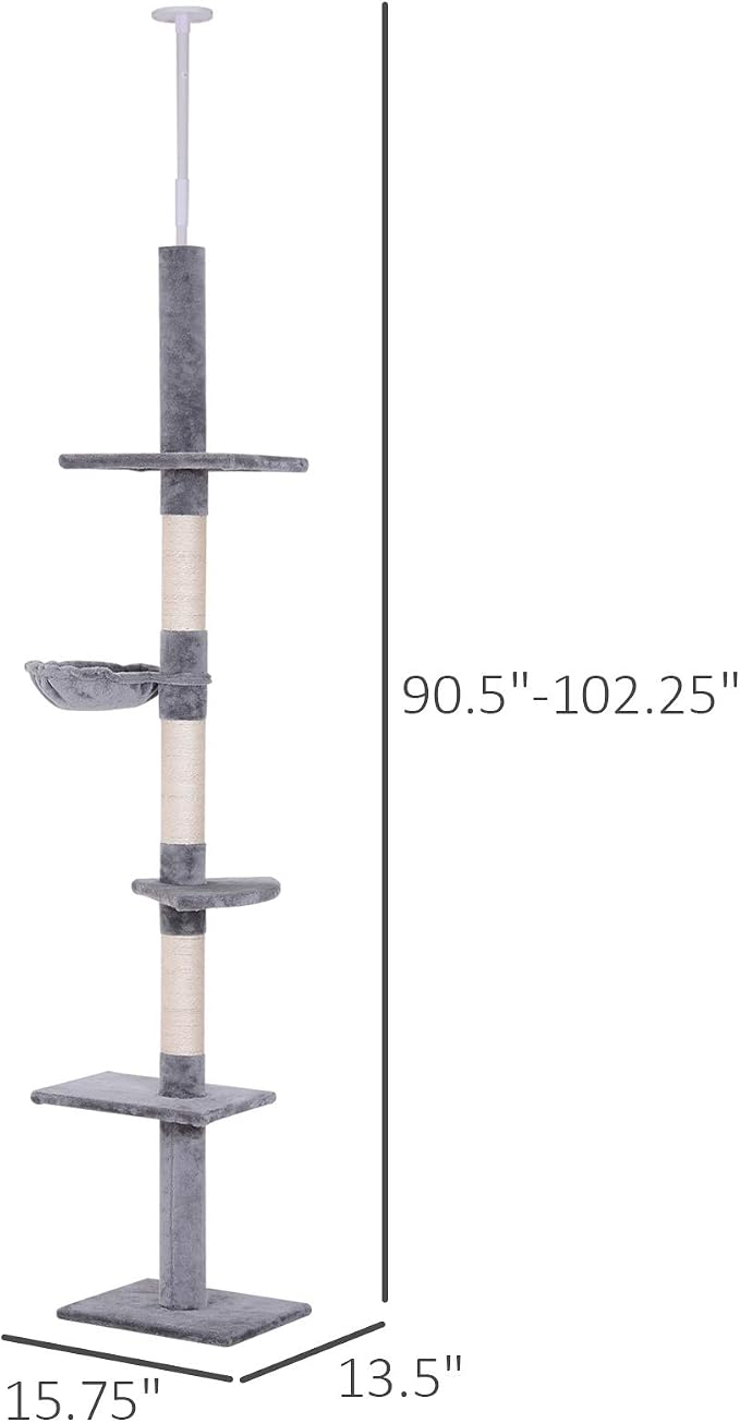 PawHut 102" Adjustable Height Floor to Ceiling Cat Tree, 5 Level Cat Tower - Image 7
