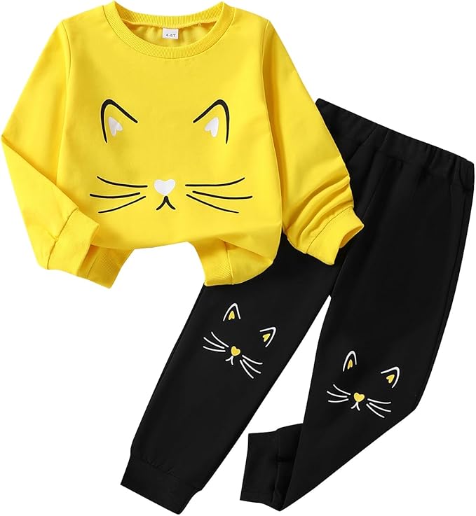 4-8T Toddler Girl Clothes Cat face print Short Sleeve Top+Pants Outfits Girl by Unknown