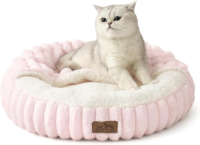Cat Bed with Hooded Blanket, Round Fluffy Anti-Anxiety Pet Bed by COZYKISS
