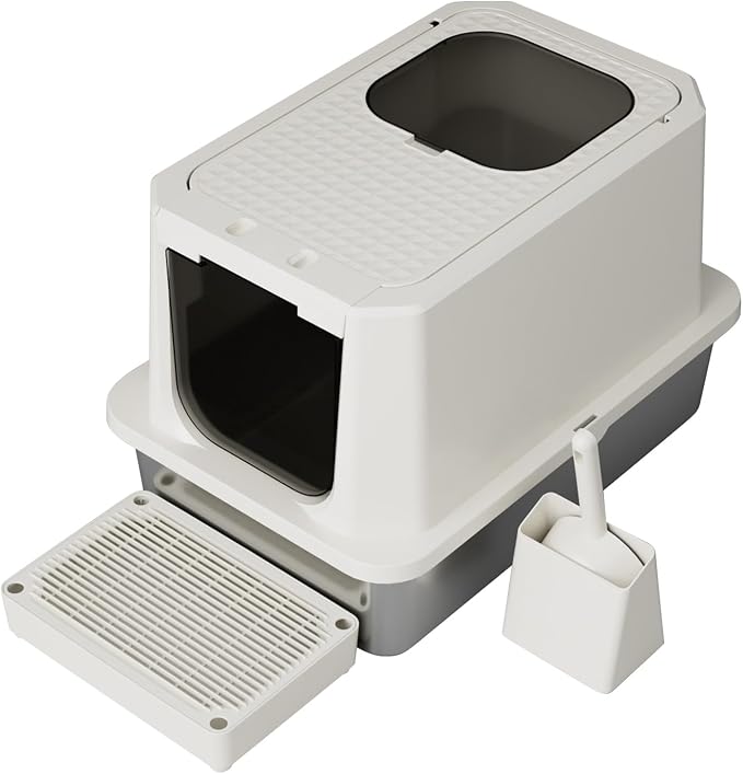 RIZZARI Stainless Steel Cat Box: Beige Leak-Proof Large Enclosed Litter Pan by RIZZARI