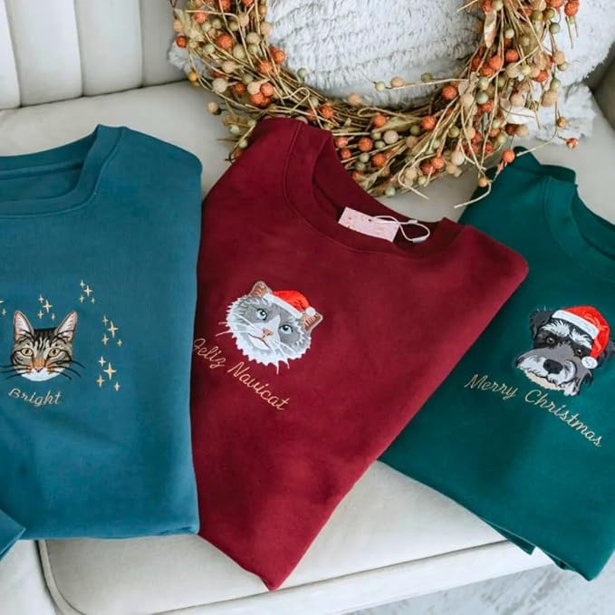 COUPLEHOODIES Custom Pet Christmas Sweatshirt – Embroidered Cat or Dog Portrait - Image 8