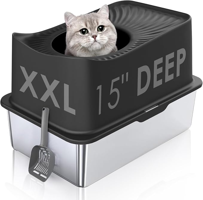 Top Entry Cat Litter Box with Lid, Stainless Steel Extra Large Enclosed Cats by Kettnjoy