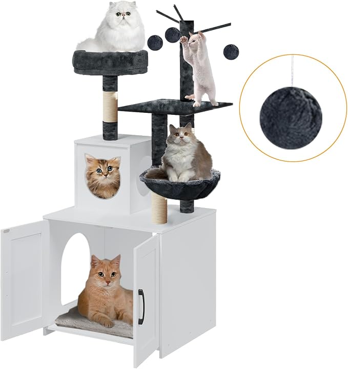 Cat Tree with Litter Box, Wood Litter Box Enclosure with Food Station, Modern - Image 5