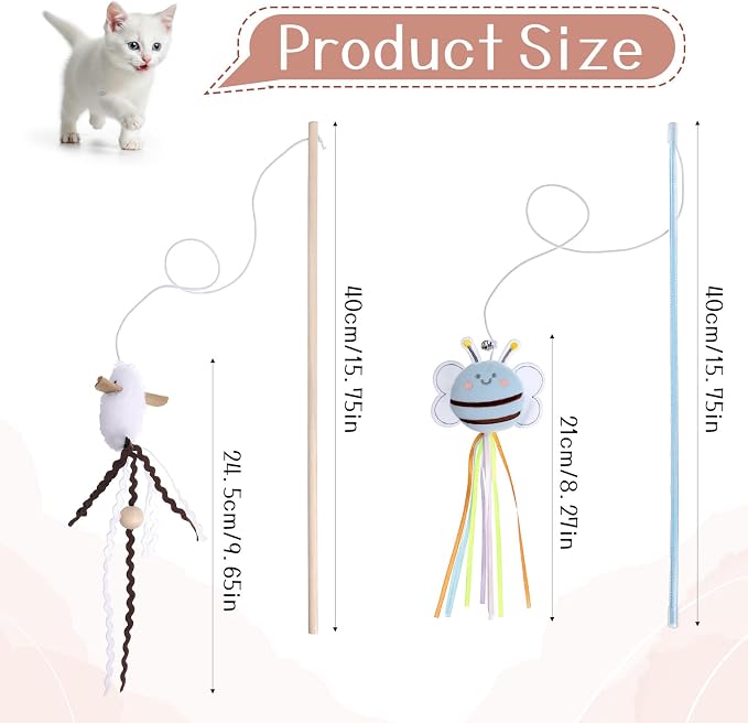 2 PCS Cat Wand Toy Set 16 Inch Wooden Teaser Wands - Image 2