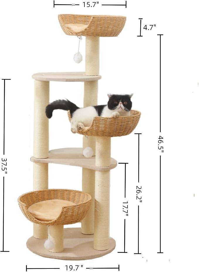 SHENGOCASE Modern Cat Tree Tower, Wooden Condo, 3 Large Rattan Wicker Basket - Image 4