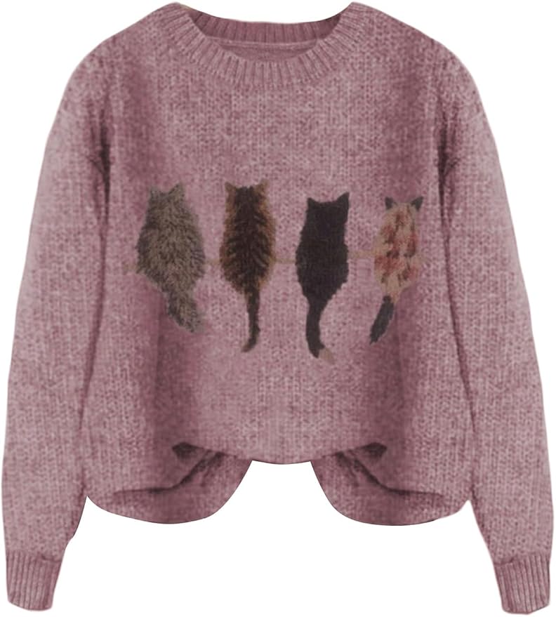 WDIRARA Women's Cat Graphic Sweater Long Sleeve Crew Neck Knit Tops Casual by WDIRARA