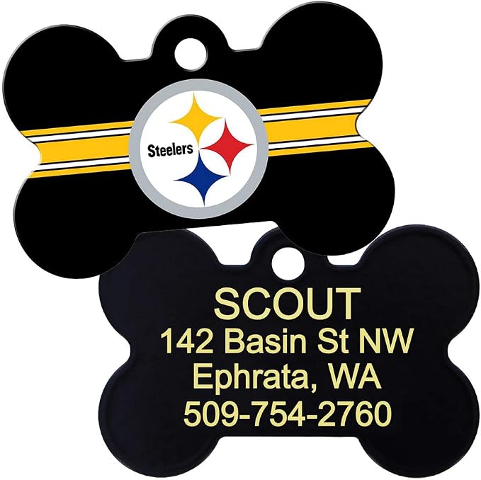 GoTags Personalized Pittsburgh Steelers Dog Tag, Brass Metal Bone Shape Pet ID - Image 2