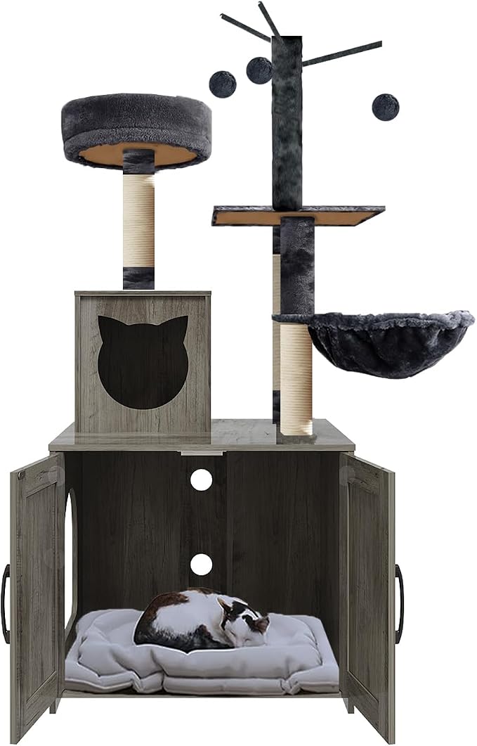 Cat Tree with Litter Box, Wood Litter Box Enclosure with Food Station, Modern - Image 5