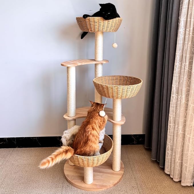 54" Large Modern Cat Trees, Luxury Rattan Oak Solid Wood Cat Trees Towers，3 - Image 6