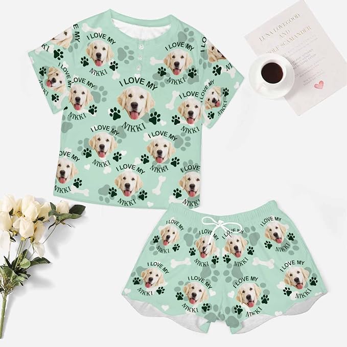 Custom Short Pajamas Set with Face Photo Women‘s Sleepwear Tee Personalized PJ - Image 5