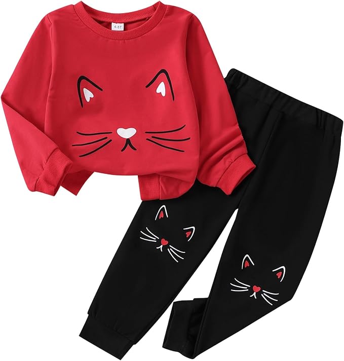 4-8T Toddler Girl Clothes Cat face print Short Sleeve Top+Pants Outfits Girl by Unknown