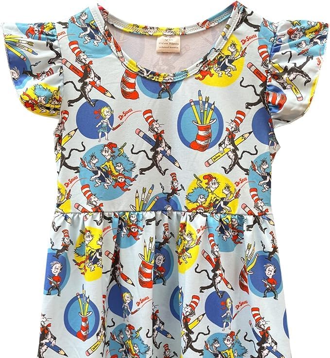 Baby Girls Spring Summer Cat in The Hat Dress Girls Flutter Sleeve Boutique - Image 4