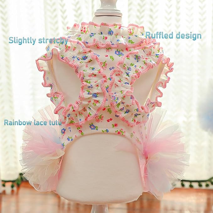 Floral Puppy Dress with D-Ring Ruffled Small Dog Clothes Female Spring Cat - Image 5