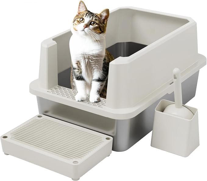 RIZZARI Open Cat Litter Box: Large Beige Stainless Steel Litter Pan 23.8" x by RIZZARI