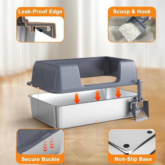 Vivifying Stainless Steel Cat Litter Box, XL Extra Large Semi-Enclosed Metal Pan - Image 5