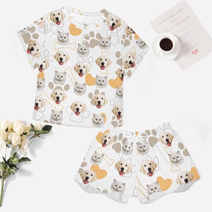 Custom Short Pajamas Set with Face Photo Women‘s Sleepwear Tee Personalized PJ - Image 5