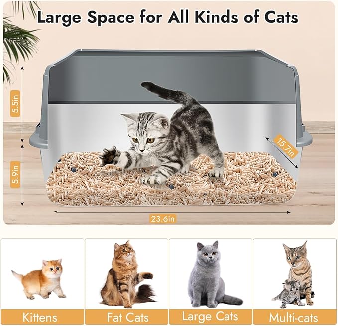 Vivifying XL Stainless Steel Cat Litter Box, High Side Metal Litter Pan - Image 2