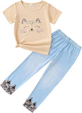 4-8T Toddler Girl Clothes Cat face print Short Sleeve Top+Pants Outfits Girl by Unknown