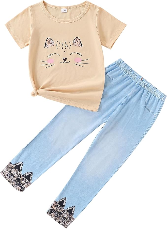 4-8T Toddler Girl Clothes Cat face print Short Sleeve Top+Pants Outfits Girl by Unknown