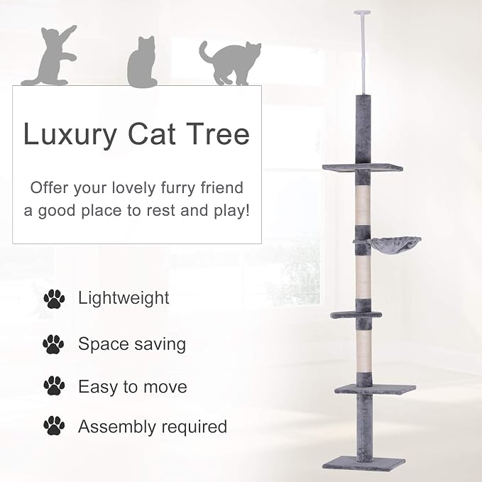 PawHut 102" Adjustable Height Floor to Ceiling Cat Tree, 5 Level Cat Tower - Image 3