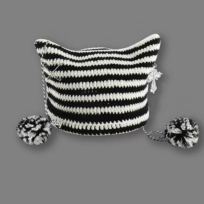 Y2k Beanies Crochet Knitted Cat Hats Goth Cross Devil Hat Striped Alt Emo - Image 6