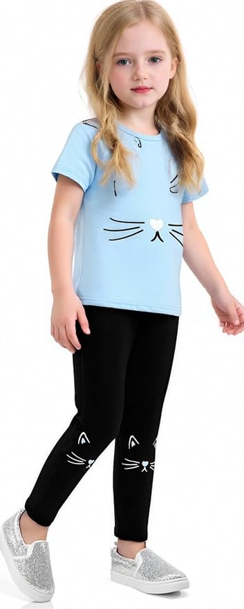 4-8T Toddler Girl Clothes Cat face print Short Sleeve Top+Pants Outfits Girl - Image 4