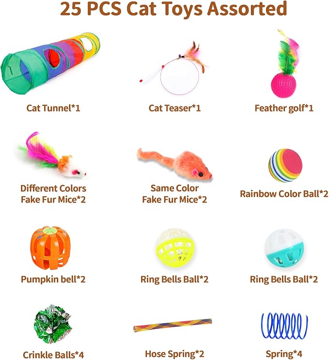 25-Piece Cat Toys Kit with Rainbow Tunnel - Image 2