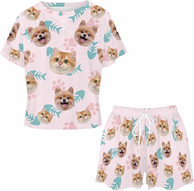 Custom Short Pajamas Set with Face Photo Women‘s Sleepwear Tee Personalized PJ - Image 3