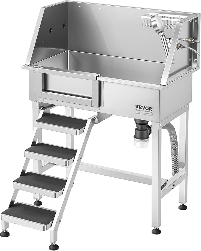 VEVOR 34" Dog Washing Station Professional Stainless Steel Pet Grooming Tub Bathtub Dog Wash Sink with Shower Faucet Soap Holder Non-Slip Stairs Easy-Clean for Small Dogs Cats Left Door by VEVOR