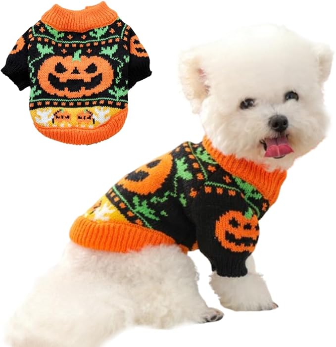 ANIAC Halloween Small Dog Sweater Pumpkin Cat Turtleneck Knitwear Warm Pet by ANIAC