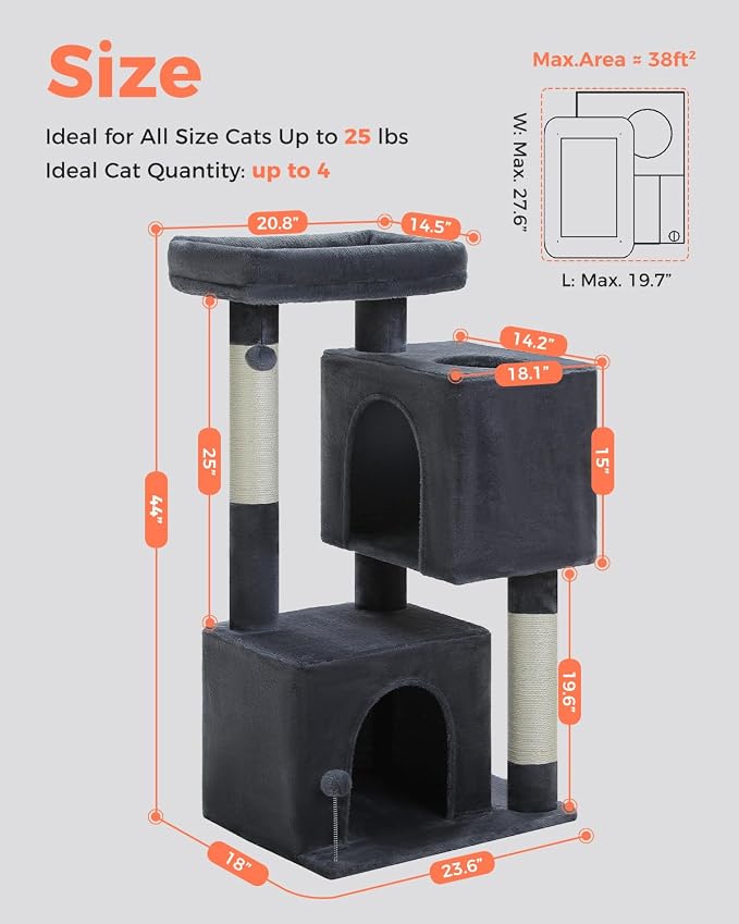 XL Cat Tower 44" Cat Tree for Large Cats 20 lbs+, 2 Spacious Condos - Image 6