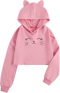 MakeMeChic Girl's Cute Ear Cat Print Crop Hoodie Drop Shoulder Long Sleeve by MAKEMECHIC