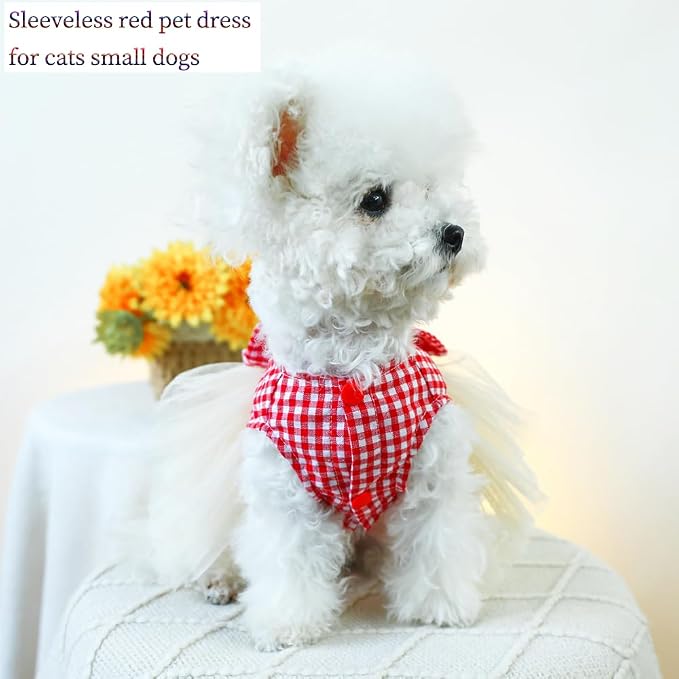 Plaid Small Dog Dress with Leash Ring Valentines Cat Outfit Dog Tutu Princess - Image 5