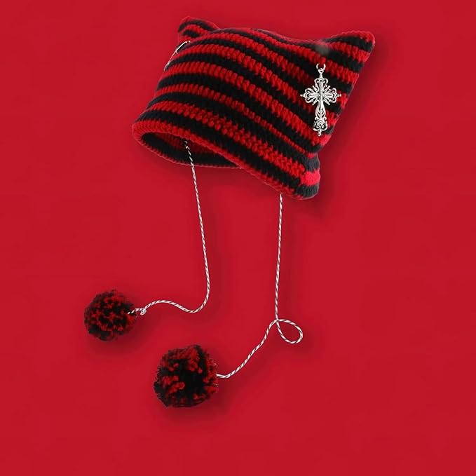 Y2k Beanies Crochet Knitted Cat Hats Goth Cross Devil Hat Striped Alt Emo - Image 9