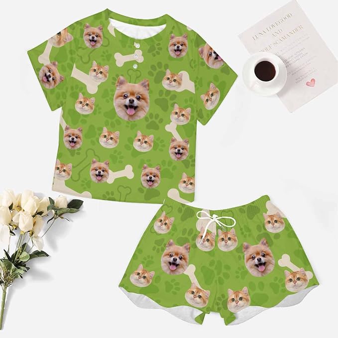 Custom Short Pajamas Set with Face Photo Women‘s Sleepwear Tee Personalized PJ - Image 5