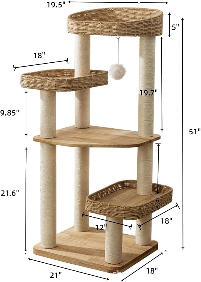 SHENGOCASE Modern Natural Wood Wooden Cat Tree Tower, 3 Large Rattan Wicker - Image 8