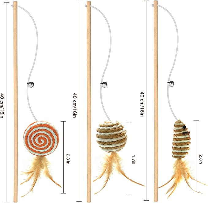 3-Pack Cat Wand Toys, 16-Inch Natural Wooden Teaser Wand - Image 8
