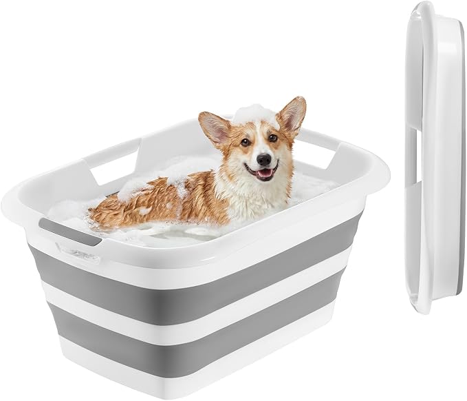VEVOR Dog Bathtub, Collapsible Dog Bath Tub, Pet Bathing Grooming Wash Shower Station, Portable Space-Saving & Stable Support, for Small Pet Puppy Doggie Cat Outdoor, Gray White by VEVOR