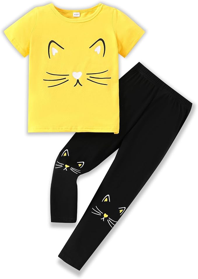 4-8T Toddler Girl Clothes Cat face print Short Sleeve Top+Pants Outfits Girl by Unknown