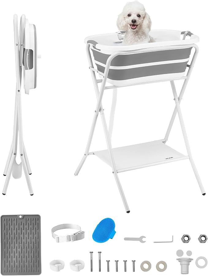 VEVOR Dog Bathtub, Elevated Dog Bath Tub, 2 in 1 Collapsible Pet Bathing Grooming Wash Station, Portable Foldable Space-Saving, Built-in Drain Outlet with Drain Hose for Small Pet Cat, Gray & White by VEVOR