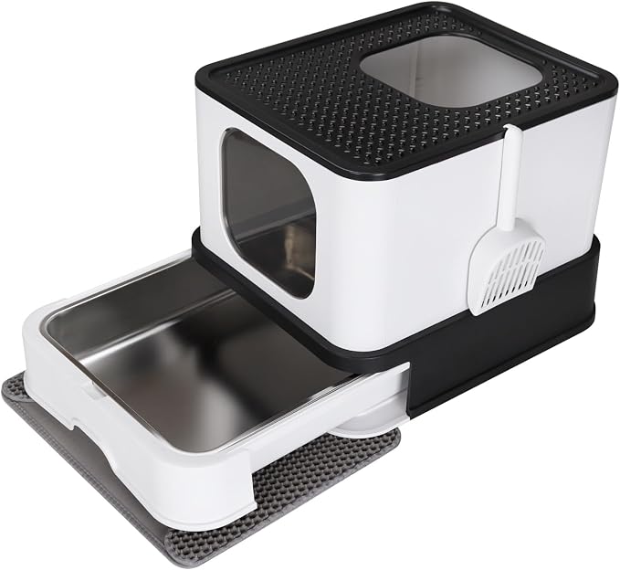 RIZZARI Stainless Steel Cat Box: Black Covered Litter Pan by RIZZARI