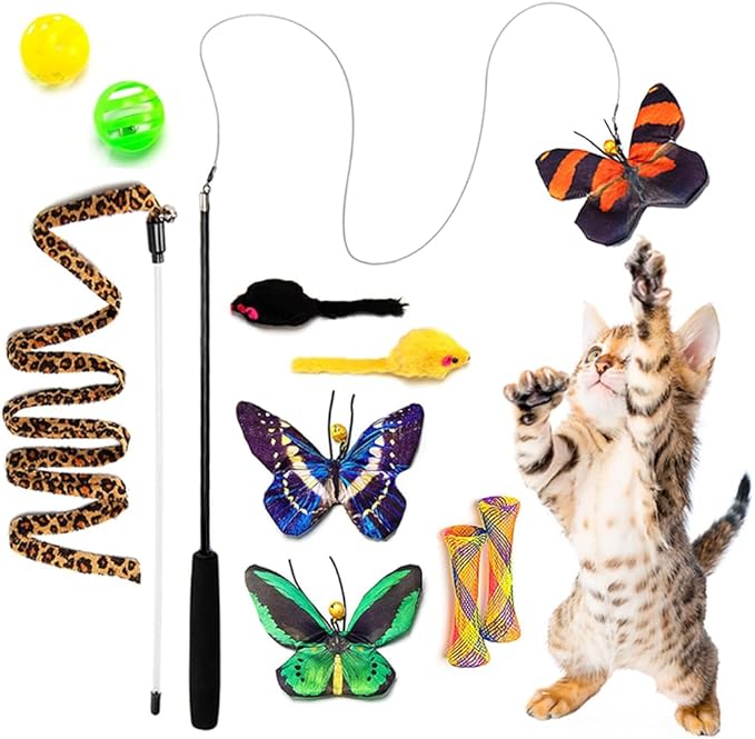 AWOOF Butterfly Cat Wand Cat Toys Set, Realistic Crinkle Catnip Butterflies by AWOOF