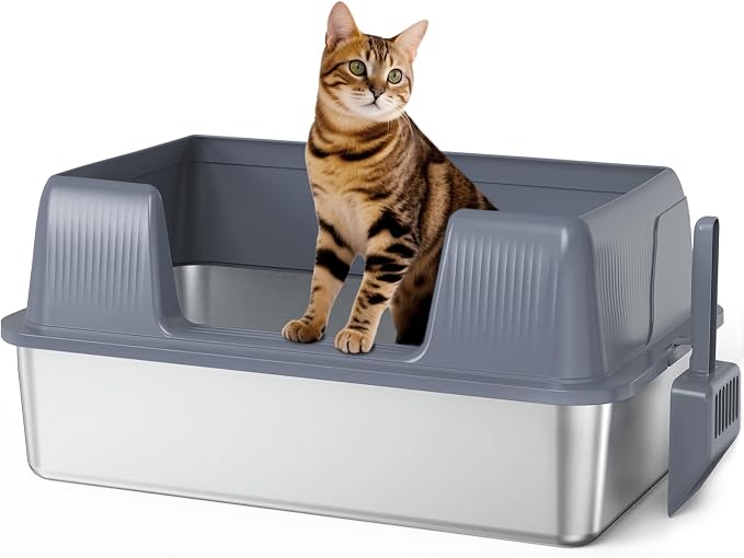 Vivifying Stainless Steel Cat Litter Box, XL Extra Large Semi-Enclosed Metal Pan by Vivifying