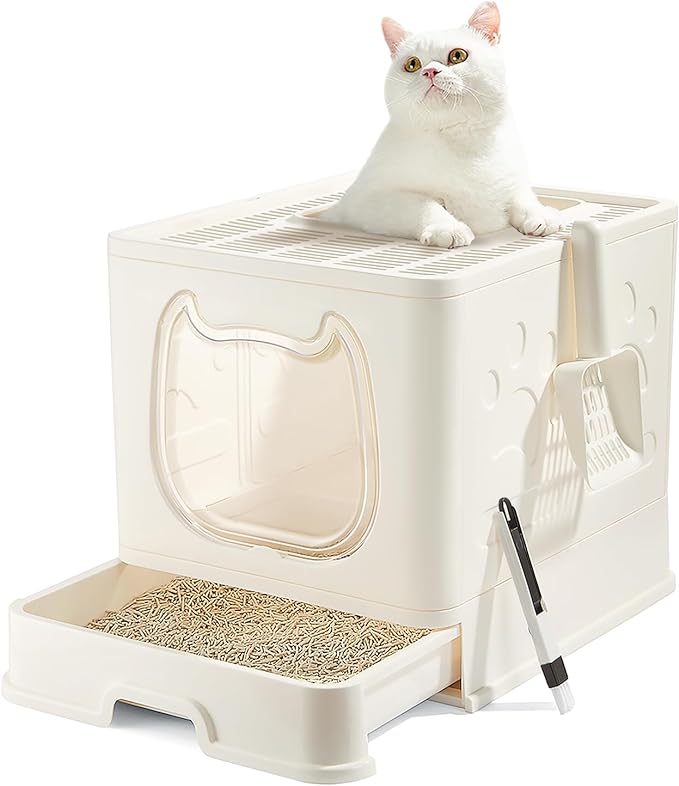Cat Litter Box with Lid, Covered Top Entry Kitten Litter Pan by Pawsayes