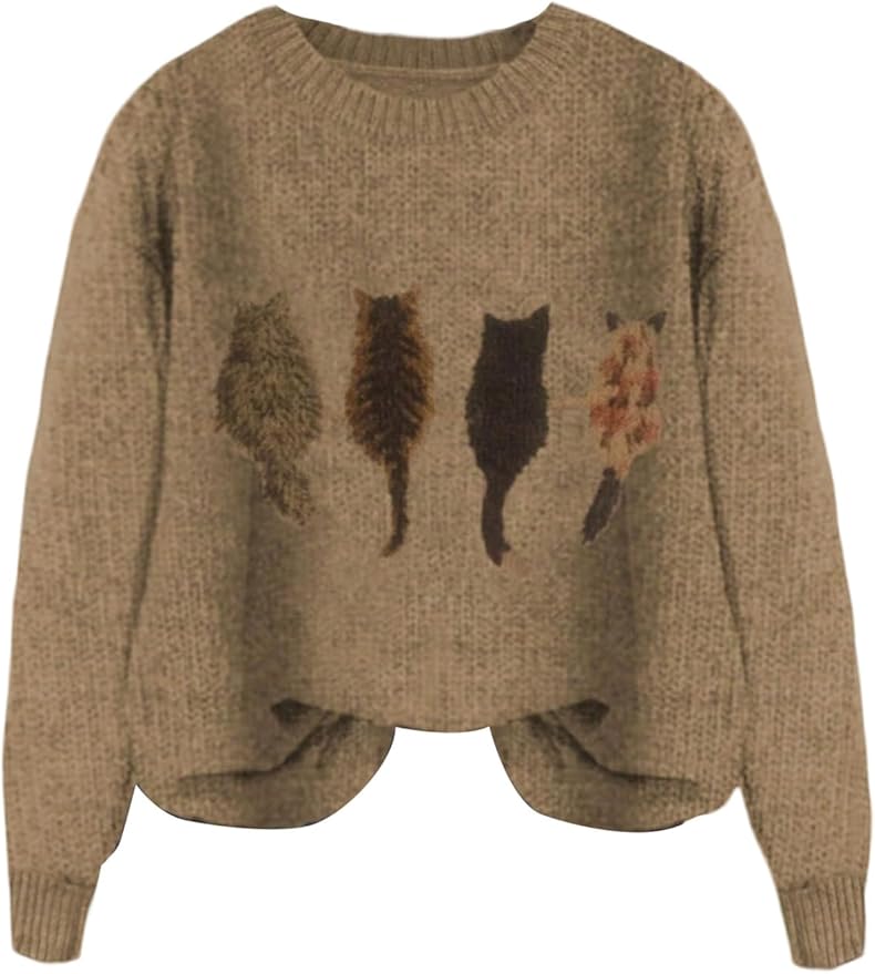 WDIRARA Women's Cat Graphic Sweater Long Sleeve Crew Neck Knit Tops Casual by WDIRARA