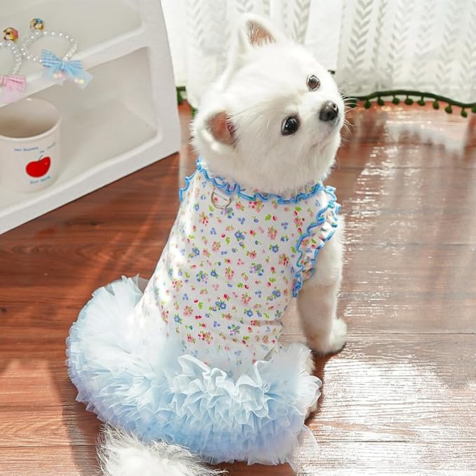 Floral Puppy Dress with D-Ring Ruffled Small Dog Clothes Female Spring Cat - Image 2