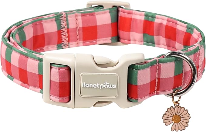 Lionet Paws SpringDog Collar- Red Pink Green Plaid Dog Collars by lionetpaws