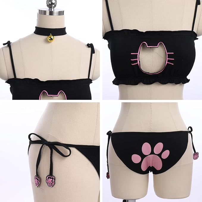 ABAFIP Womens Cute Kawaii Anime Cat Kitten Lingerie set Micro Bikini Strappy - Image 6