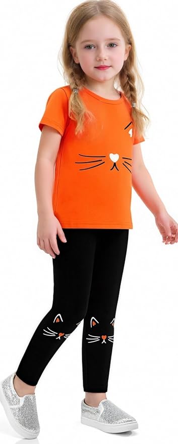 4-8T Toddler Girl Clothes Cat face print Short Sleeve Top+Pants Outfits Girl - Image 4