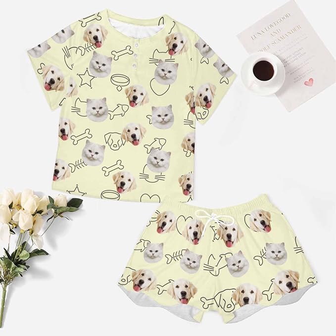 Custom Short Pajamas Set with Face Photo Women‘s Sleepwear Tee Personalized PJ - Image 5